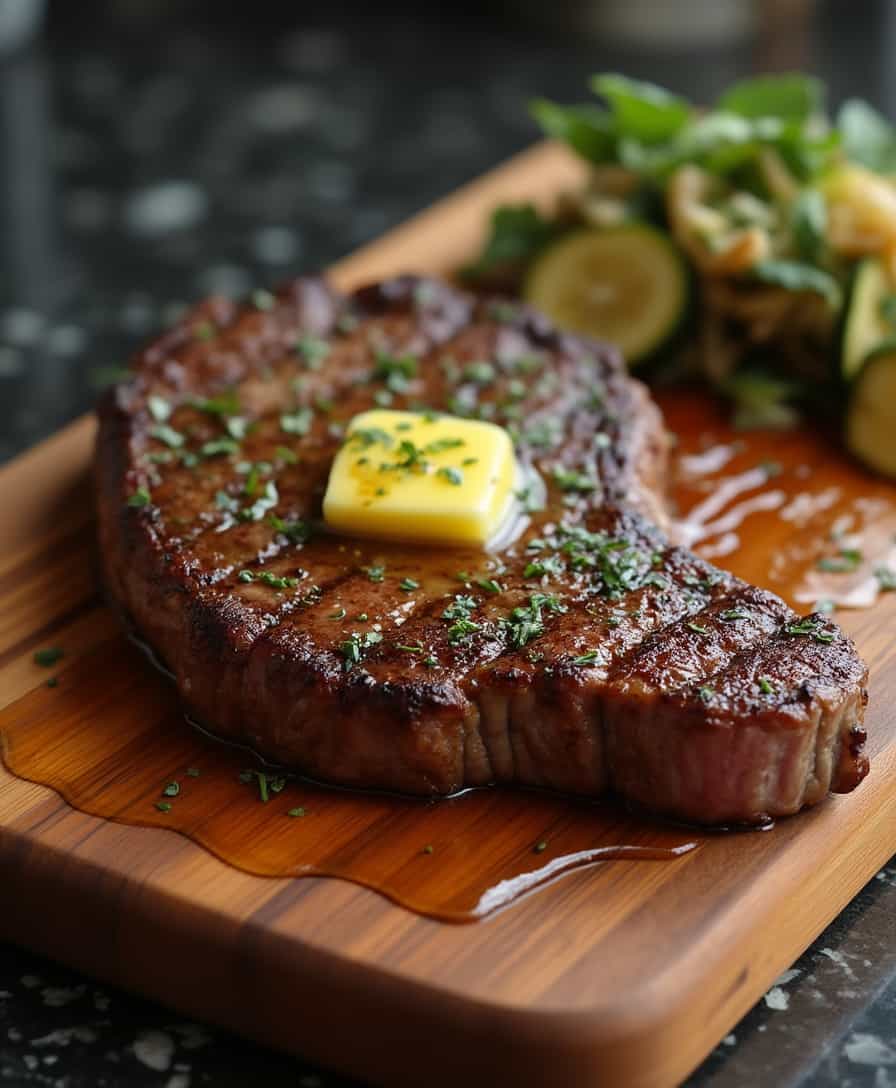 A hyper-realistic close-up of a beautifully cooked seared flank steak, with melted butter and herbs garnishing the steak.  The butter and herb sauce is drizzling down the side of the steak.  The steak sits on a wood cutting board on a black granite countertop.  The background is blurred to bring the focus to the food.  