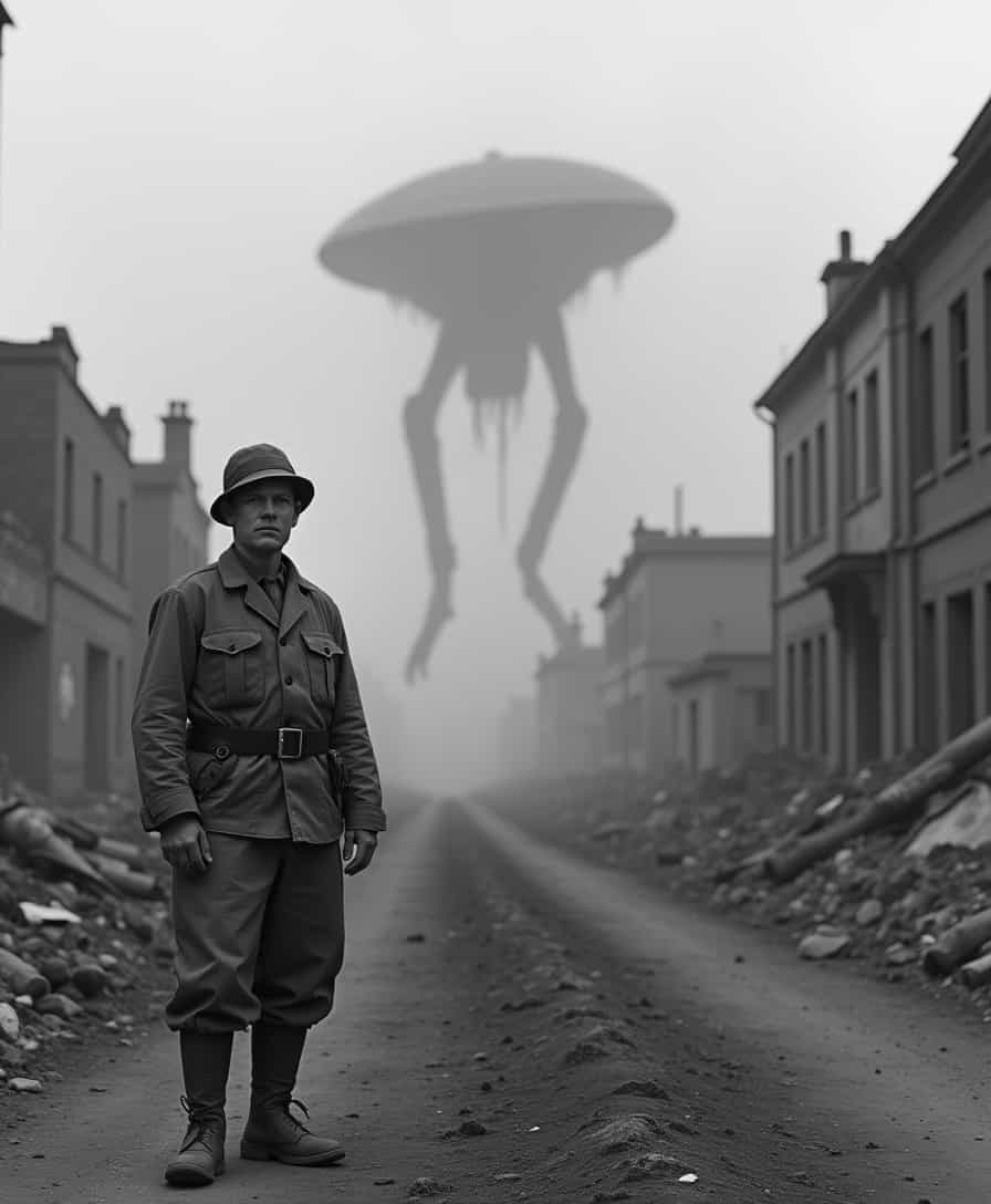 A highly ultrarealistic black-and-white photograph in the style of the 1940s. A lone person, dressed in worn wartime clothing, stands in the foreground with a solemn, weary expression. The environment is filled with destruction—ruined buildings, smoke, and debris, evoking the aftermath of war. In the background, something alien lurks—an eerie, otherworldly structure or a hovering spacecraft, slightly blurred yet undeniably present. The atmosphere is heavy with tension, as if history and science fiction have collided. The lighting is dramatic, with deep shadows and a grainy texture, mimicking vintage war photography.