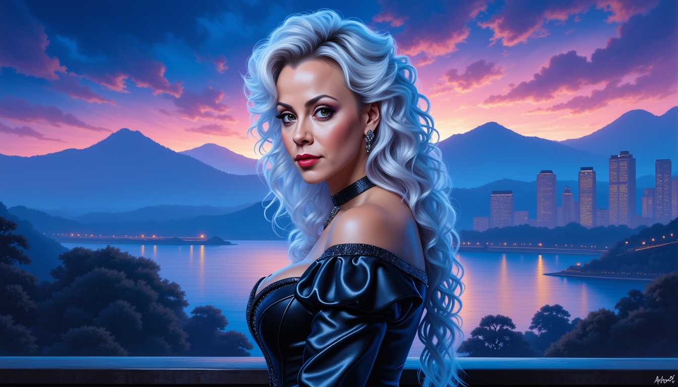 AM-LoRa-Zip6, Alyssa Milano , wow portrait with half side view with a stunning landscape as background, looking at you, wearing a neon blue and black victorian leather corsage dress, white hair, breathtaking super long curly hair, clear and detailed bright eyes, photorealistic beautiful seductress, twilight sky, gloomy, choker style colar, beauty clear and detailed color eyes, detailed face, cyperpunk, full body, magic fantasy, wow effect, rubens style
