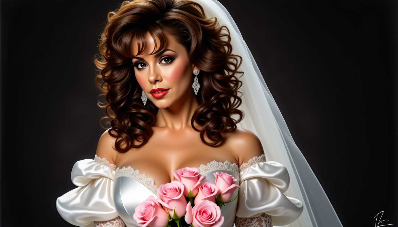 AM-LoRa-Zip6, Alyssa Milano the beautiful bride, curly brown layered hair with 80's style bangs, white wedding dress with puff sleeves and 80's style lace at the neckline, white gloves, a bouquet of pink roses, dark photo studio background with indirect lighting, an artgerm painting

