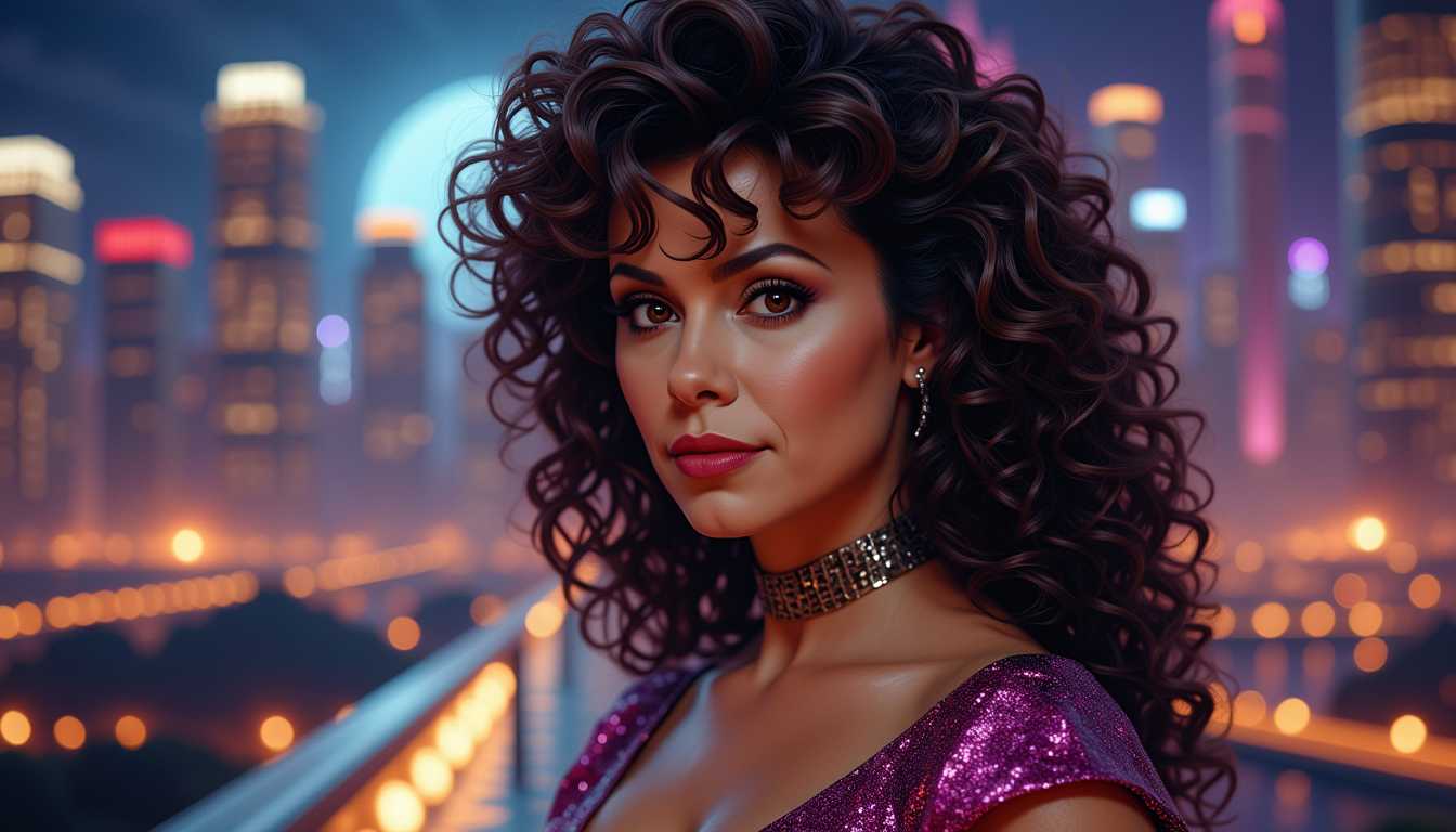 AM-LoRa-Zip6, Amazing upper portrait of comic character Crystalia Amaquelin aka Crystal, looks like a fusion of Kate Beckinsale and Demi Moore,  beautiful face and aura, breathtaking 80s curly permed hair with bangs, amazing hero dress, looking at you, perfect centered, amazing view to a big future ship as background, night mood, 8K, Canon 90D, atmospheric. Photorealistic, photorealism, perfect realistic art, smooth, aftereffects, sharp focus, hi - res, ultra intricate detail, ultra realistic detail, 4K, HDR gloomy, choker style colar, detailed face, magic fantasy, wow effect
