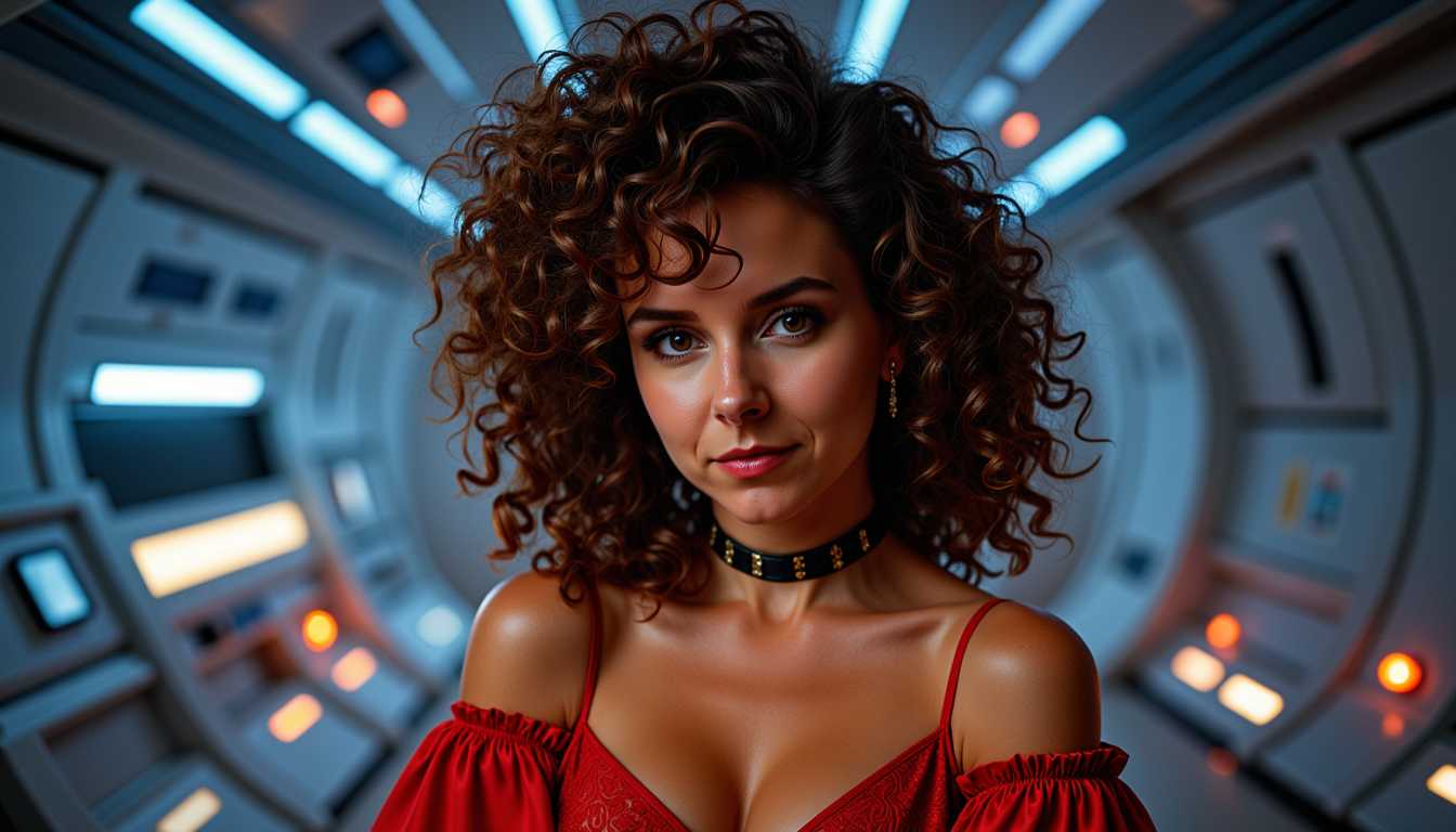 MO-LoRa-Pixie, Amazing upper portrait of comic character Crystalia Amaquelin aka Crystal, looks like a fusion of Kate Beckinsale and Demi Moore,  beautiful face and aura, breathtaking 80s curly permed hair with bangs, amazing hero dress, looking at you, perfect centered, amazing view to a big future ship as background, night mood, 8K, Canon 90D, atmospheric. Photorealistic, photorealism, perfect realistic art, smooth, aftereffects, sharp focus, hi - res, ultra intricate detail, ultra realistic detail, 4K, HDR gloomy, choker style colar, detailed face, magic fantasy, wow effect
