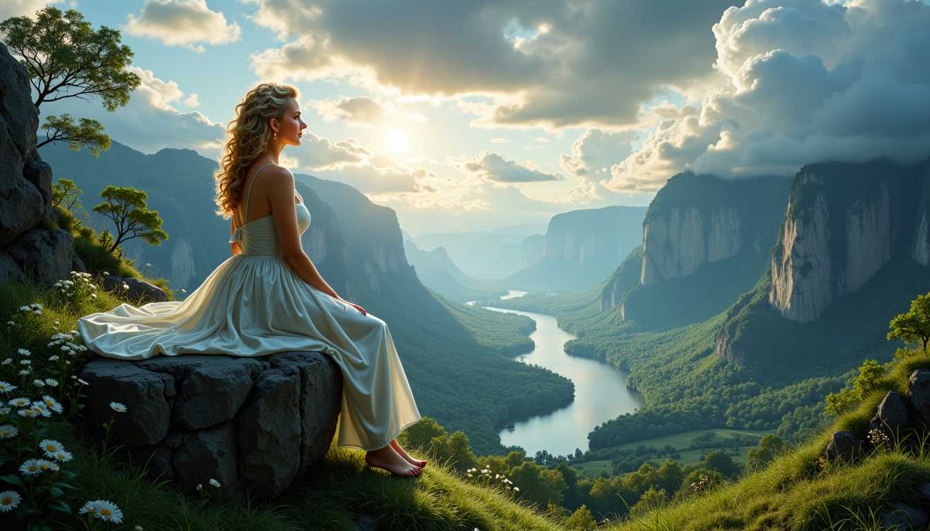 MO-LoRa-Pixie, Portrait of  Virgin Loreley, portrait of a beauty young woman is sitting on a rock looking over a lush green valley with high cliffs, a river and big stormy clouds, breathtaking view, twilight mood, bright colors, exquisite details, Masterpiece painted by Artgerm, Cinematic lighting, trending on artstation, sharp focus, intricate details, highly detailed, by greg rutkowski 

