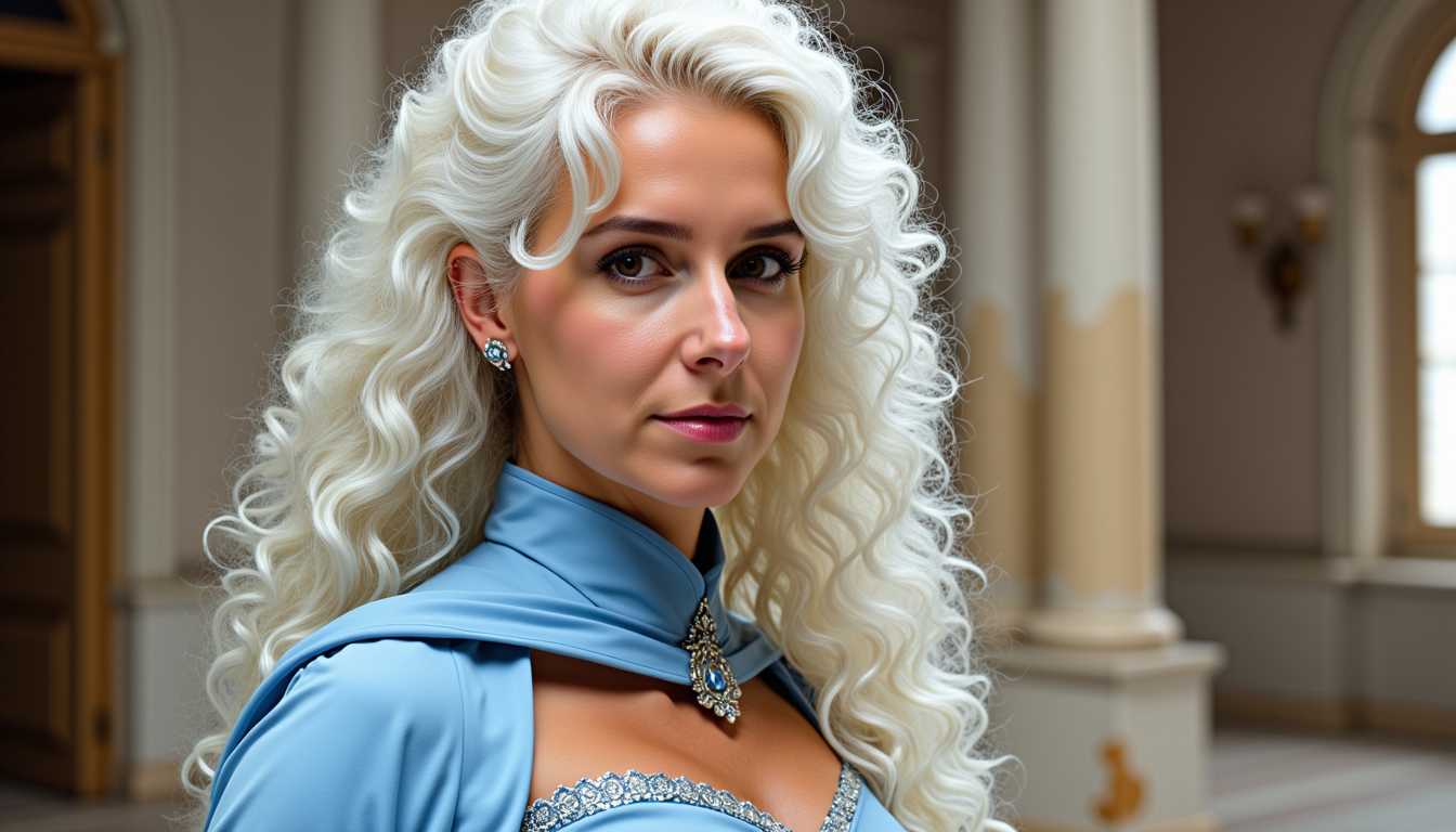MO-LoRa-Pixie, Leandra (The Brave) (her face looks like Jennifer Lopez),  with the full title Sera Maestra Leandra de Girancourt, also known as the White Queen, Daughter of the Gods, Redeemer of Worlds, Daughter of the Dragon, Paladin of Light and Conqueror of Darkness, is the Queen of Illian. She is sword-bound to the spellsword Stoneheart. Leandra is also the friend and rider of Steinwolke, a king's griffon. She is beautiful. She has violet eyes and long wavy white hair. Wearing a light blue armor, 