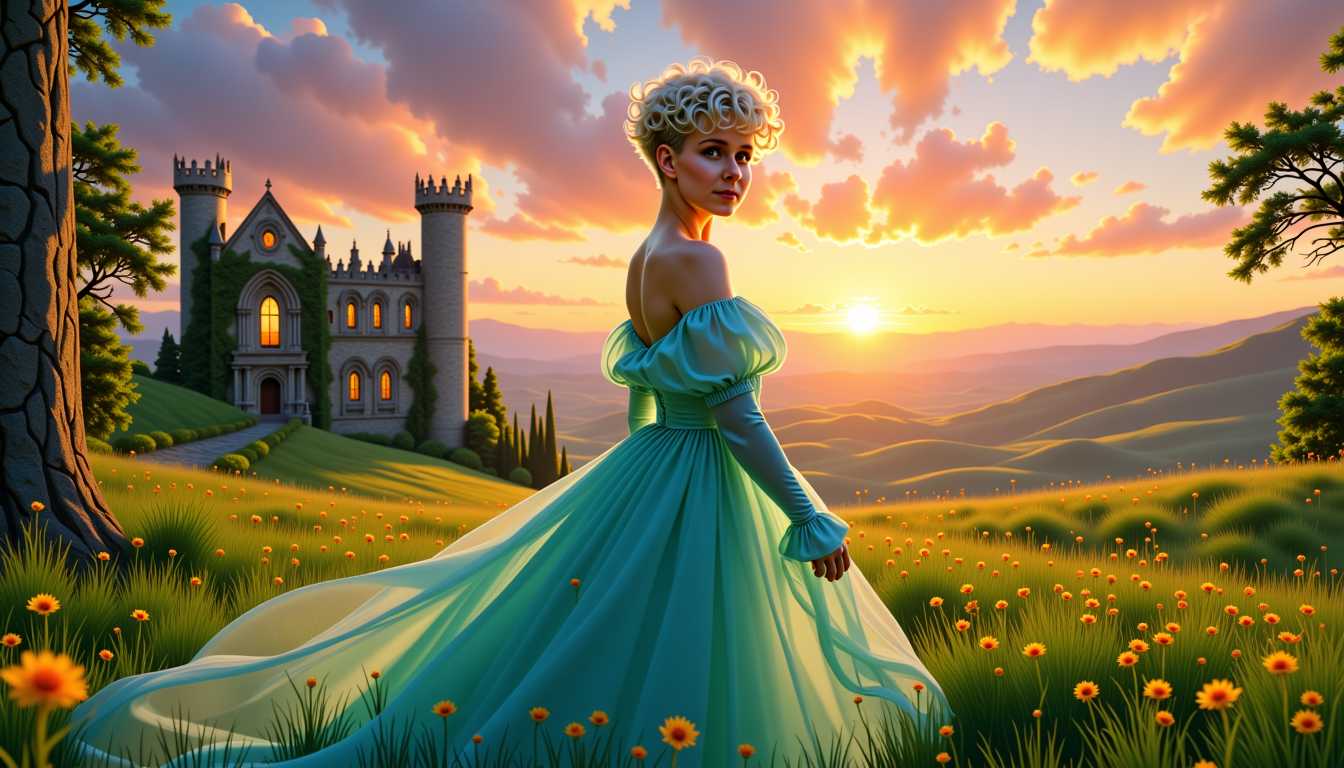 MO-LoRa-Multi, **Prompt:** A visually captivating scene featuring a **beauty white blonde woman** with a **short pixie curly haircut**, showcasing an **undercut on the nape and over the ears**. She wears an elegant **mint princess dress** that flows gracefully around her, enhancing her ethereal charm. The setting is in front of a **majestic castle** with intricate stonework and ivy-covered walls, bathed in the **golden hues of sunset**. The **light** casts a warm glow on her, highlighting the **curls** of her hair and the soft texture of her dress, creating a **dreamy, fairytale atmosphere**. The composition captures her **facing slightly to the side**, looking towards the horizon with a **serene expression**. The **camera angle** is slightly low, emphasizing her regal posture against the vast, open landscape. The **mood** is tranquil, with the **sky painted in shades of orange, pink, and purple**, reflecting in her eyes, suggesting a **timeless, storybook quality**. The scene should evoke a sense of **romanticism** and **fantasy**, reminiscent of **pre-Raphaelite art**, with a **vibrant, yet soft color palette** that complements the **mint dress** and the **blonde hair**. **Focus** on the **texture of the dress**, the **castle's architectural details**, and the **play of light** to create a cohesive, immersive image.
