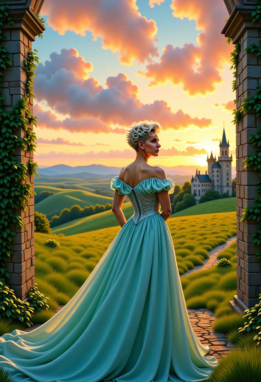 MO-LoRa-Multi, **Prompt:** A visually captivating scene featuring a **beauty white blonde woman** with a **short pixie curly haircut**, showcasing an **undercut on the nape and over the ears**. She wears an elegant **mint princess dress** that flows gracefully around her, enhancing her ethereal charm. The setting is in front of a **majestic castle** with intricate stonework and ivy-covered walls, bathed in the **golden hues of sunset**. The **light** casts a warm glow on her, highlighting the **curls** of her hair and the soft texture of her dress, creating a **dreamy, fairytale atmosphere**. The composition captures her **facing slightly to the side**, looking towards the horizon with a **serene expression**. The **camera angle** is slightly low, emphasizing her regal posture against the vast, open landscape. The **mood** is tranquil, with the **sky painted in shades of orange, pink, and purple**, reflecting in her eyes, suggesting a **timeless, storybook quality**. The scene should evoke a sense of **romanticism** and **fantasy**, reminiscent of **pre-Raphaelite art**, with a **vibrant, yet soft color palette** that complements the **mint dress** and the **blonde hair**. **Focus** on the **texture of the dress**, the **castle's architectural details**, and the **play of light** to create a cohesive, immersive image.