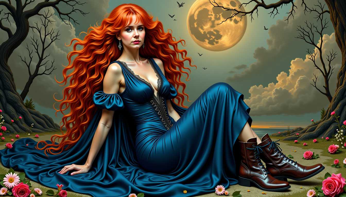 MO-LoRa-Multi, depicted as a Supernatural seductress   (red hair), shrouded in psych things, adorned in a nightblue silk dress, weathered leather boots adorning her feet, in a complex, multi-layered scene, merging the styles of Artgerm, Rubens, and Remedios Varo, exuding whimsical grace, gothic charm, with  Supernatural motifs woven intricately throughout, 8k