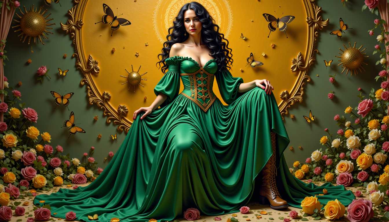 MO-LoRa-Multi, depicted as a seductress Enchantress (black hair), shrouded in mystic things, adorned in a green and goldenvintage silk dress, weathered leather boots adorning her feet, in a complex, multi-layered scene, merging the styles of Artgerm, Rubens, and Remedios Varo, exuding whimsical grace, gothic charm, with mystic motifs woven intricately throughout, 8k