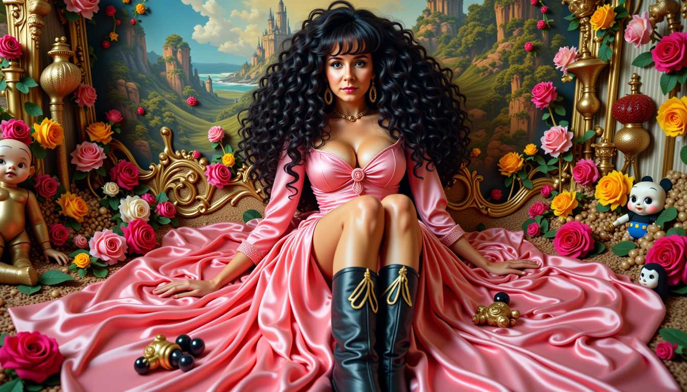 MO-LoRa-Multi, depicted as a seductress, shrouded in faded super Disney toys, her hair styled in long permed curly 80s hairstyle with bangs, adorned in a pink vintage silk dress, weathered leather boots adorning her feet, in a complex, multi-layered scene, merging the styles of Artgerm, Rubens, and Remedios Varo, exuding whimsical grace, gothic charm, with toys motifs woven intricately throughout, 16k