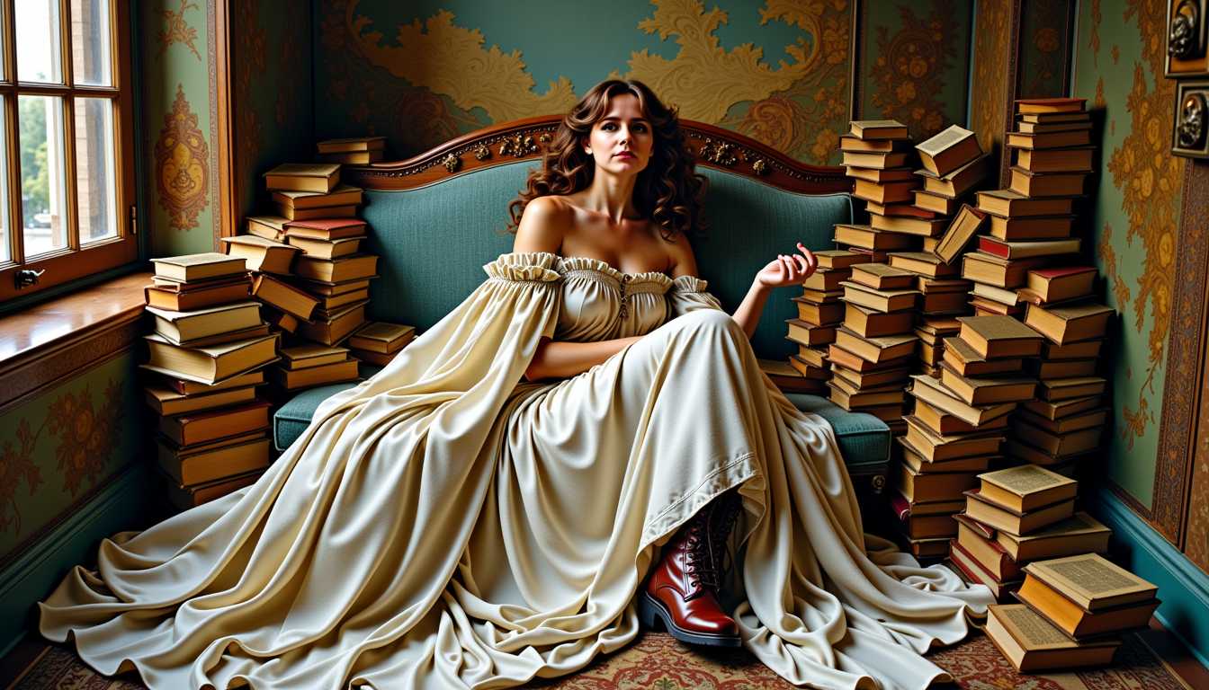 MO-LoRa-Multi, depicted as a seductress Queen (brown hair), shrouded in old books, adorned in a white and silver vintage silk dress, weathered leather boots adorning her feet, in a complex, multi-layered scene, merging the styles of Artgerm, Rubens, and Remedios Varo, exuding whimsical grace, gothic charm, with book motifs woven intricately throughout, 8k
