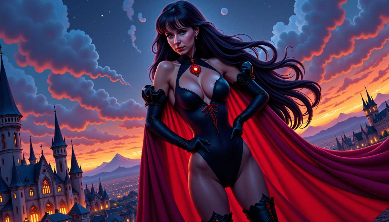 MO-LoRa-Multi, as Vampirella with sexy dark red dress, long straight hair with line bangs, beauty face, against a castle background bathed in twilight ambience, Greg Rutkowski style comic painting, city lights beginning to twinkle, cape billowing, dramatic pose, strong contrast, glowing emblem, detailed skyline, dynamic shadows, cinematic, highly detailed.