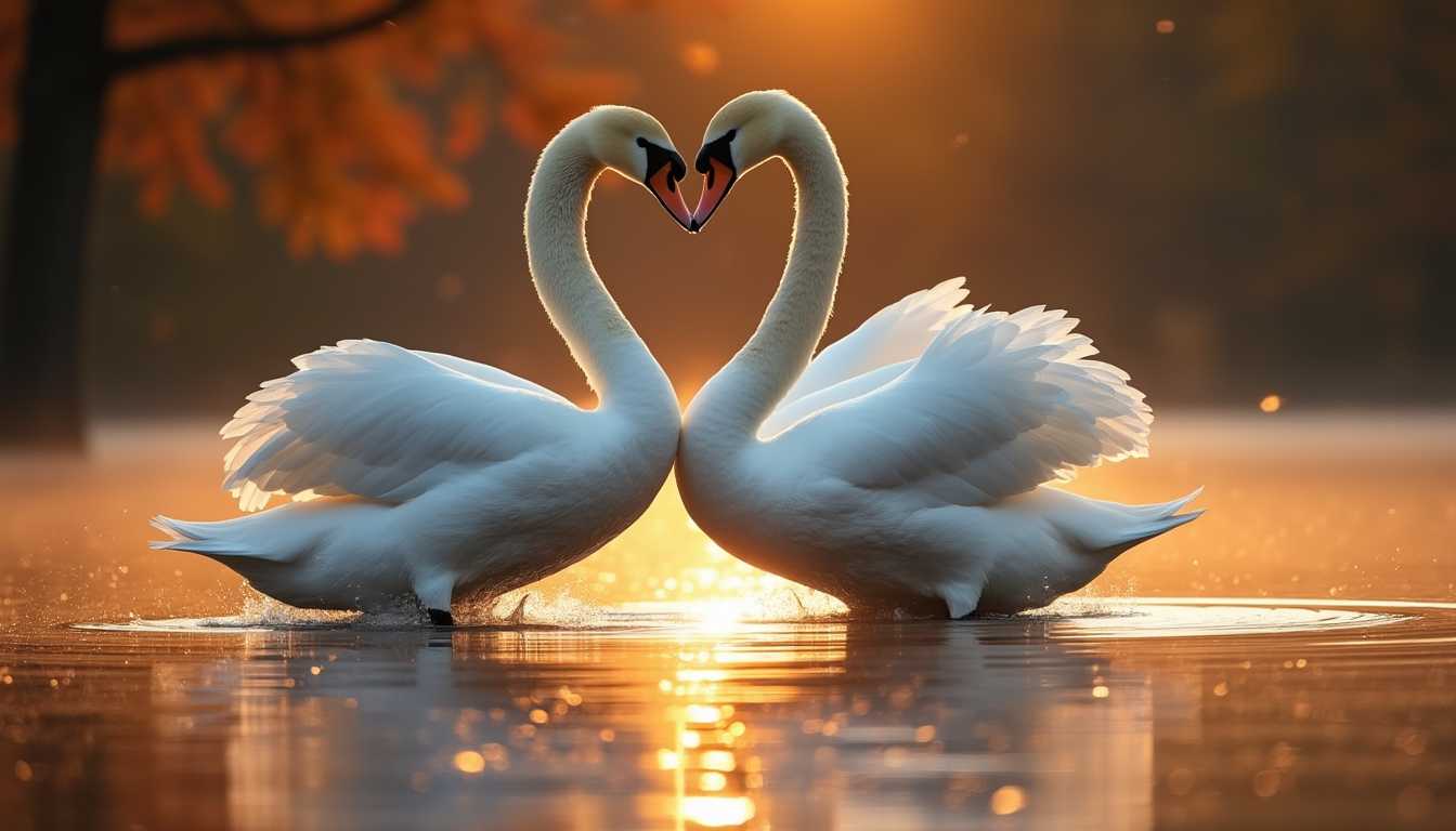 Create an image of graceful swans dancing a love dance on the surface of a quiet lake at sunset. Their snow-white feathers softly reflect the golden light of the setting sun, and their graceful necks intertwine in the shape of a heart. A light mist around them gives the scene a magical atmosphere, and light circles from their smooth movements are visible on the water. The background is picturesque trees with autumn leaves, creating a romantic atmosphere.