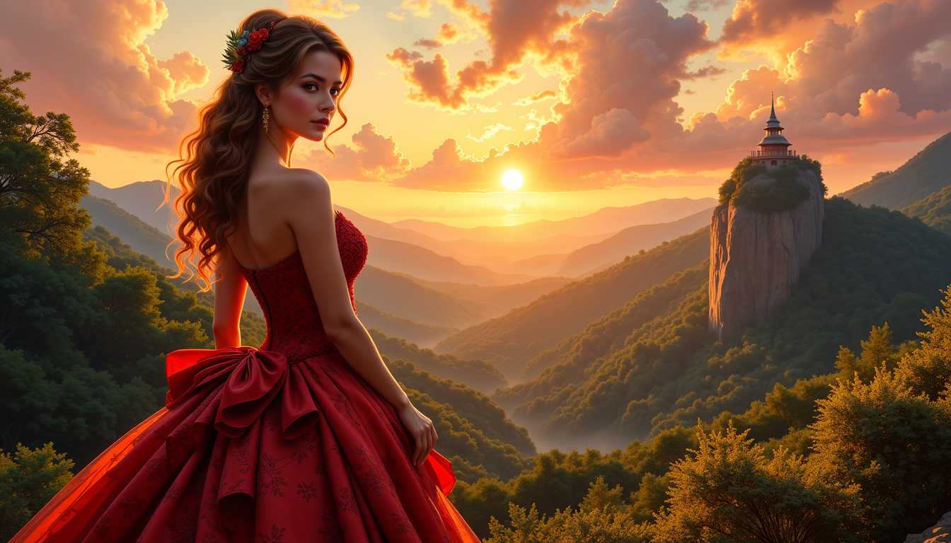 FantasyWomanLoRa, Amelia the Princess of Wonderland, BorisVallejo-inspired digital painting, Vintage hairstyle, clad in a stunning dress, looking at you, against a dramatic landscape bathed in the magic glow of sunrise, stunning landscape with a rock, a forrest, Dream-Temple, backlighting, soft shadows, vibrant skyline, intricate fabric textures, hyper-detailed, golden hour ambiance, ultra realistic.