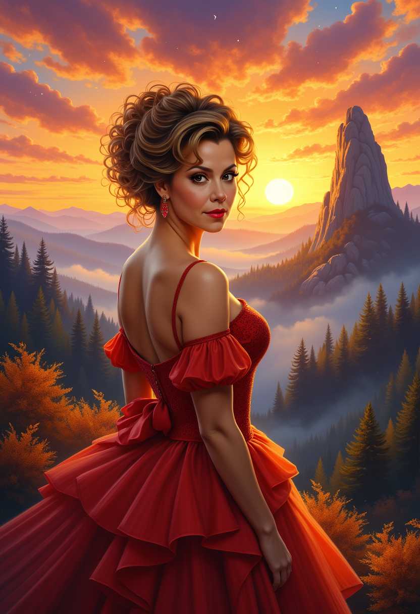 Amelia the Princess of Wonderland, BorisVallejo-inspired digital painting, Vintage hairstyle, clad in a stunning dress, looking at you, against a dramatic landscape bathed in the magic glow of sunrise, stunning landscape with a rock, a forrest, Dream-Temple, backlighting, soft shadows, vibrant skyline, intricate fabric textures, hyper-detailed, golden hour ambiance, ultra realistic.