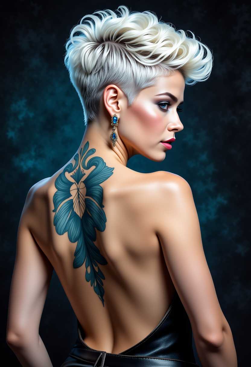 FantasyWomanLoRa, Platinum blonde woman, Portrait of a modern woman, mantra-scripted blue tattoo tracing her back, turquoise lit grey eyes whispering wisdom, super short pixie coiffure with ebony razor shaved sides and whimsical curls, delicate earrings mimicking tattoo design, high heels shaping her contour, the timeless beauty amplified in her confident stance, monochromatic portrait infused with cobal