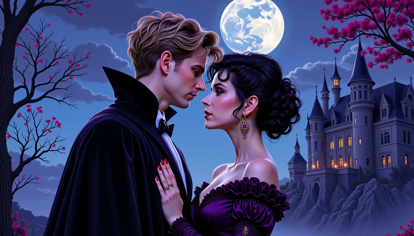 VS-LoRA-Zip2, VS-LoRA-Zip2, depicted as a female vampire with black curly victorian updo hairstyle in a dark purple Victorian dress, in an embrace with a beautiful man with blond hair dressed in a black cape, wrapped in moonlight mood next to a castle, cartoon comic style by Luiza Lima, ink pen precision, vivid red mouth, double exposure effect creates a delicate overlay, beautiful rendering in high resolution 4K, detailed image.