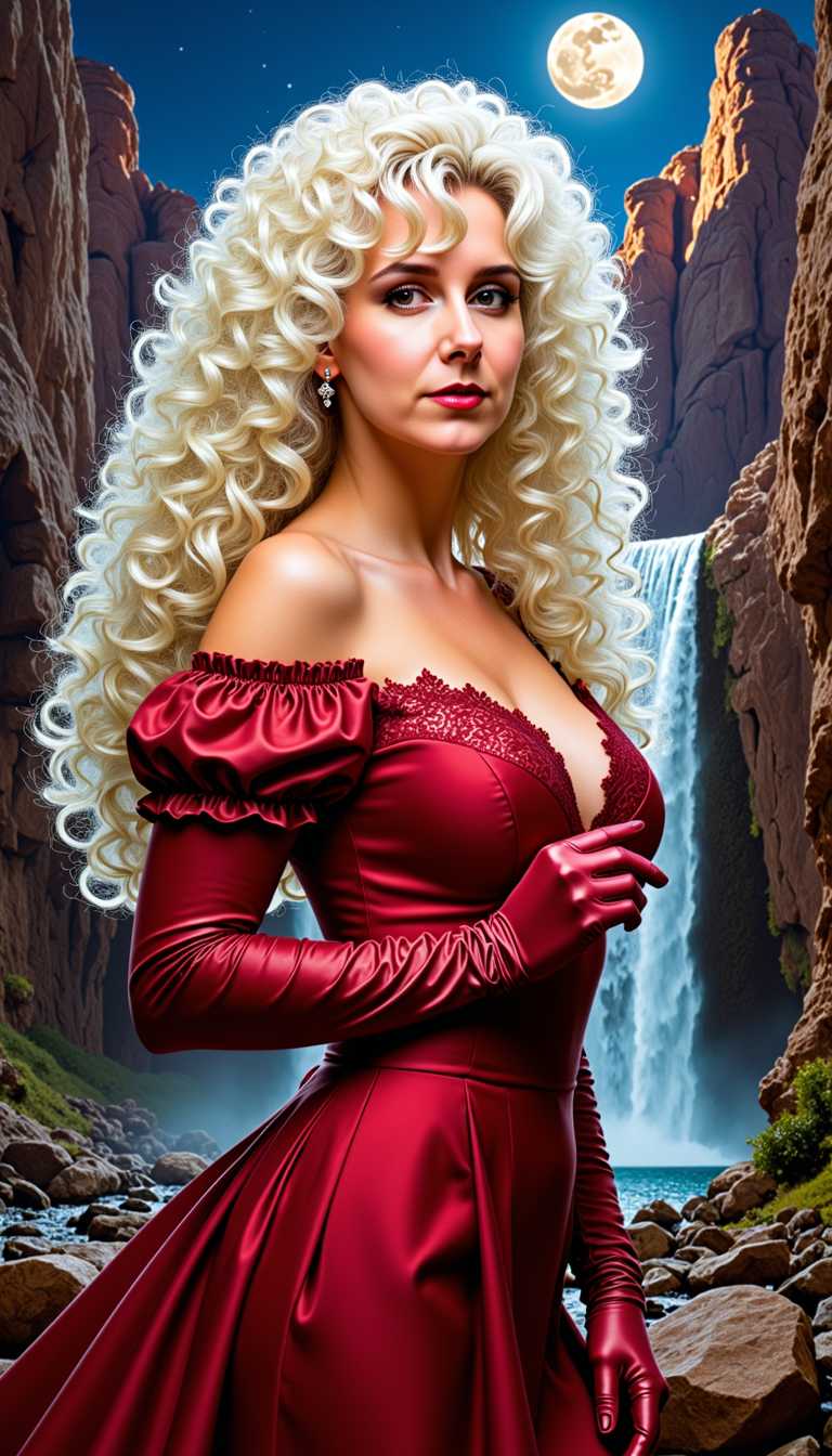 MO-LoRa-Pixie, Beauty Woman, waist up, breathtaking long white blonde curly coiffure , beauty makeup, big breasts, a dark red dress with puff sleeves and 80's style lace at the neckline, Artgerm Comic Painting Character, detailed face, clear eyes, a stunning landscape in Utah with a waterfall in moonlight as background,  nightmood, infused with the artistic flair of Karol Bak and Greg Rutkowski,, MO-LoRa-Multi
