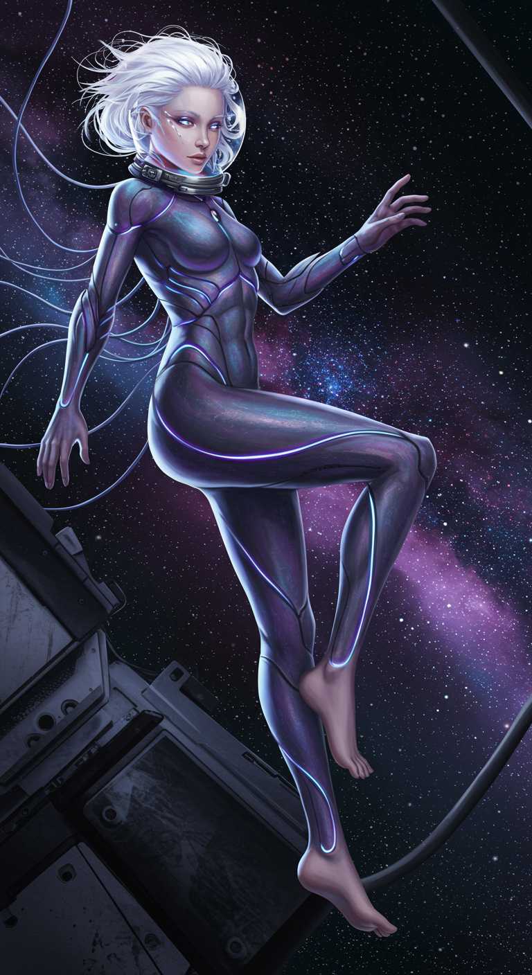 "A striking young female astronaut, tall and elegant, floating weightlessly in the vastness of space. Her silver-white hair flows like a celestial veil, framing high cheekbones and luminous violet-blue eyes that reflect the endless cosmos. She wears a sleek, biomechanical spacesuit—form-fitting and adorned with intricate, glowing wires that coil around her limbs like veins of living energy. The suit shimmers with an iridescent nebula-like sheen, shifting between deep purples, blues, and blacks. Her bare feet touch the cold metal of her spacecraft, grounding her amidst the infinite void. There is a quiet melancholy in her gaze, a sense of longing for something beyond the stars. The scene is cinematic, ultra-detailed, with a dreamlike, surreal atmosphere, capturing the beauty of the unknown."

