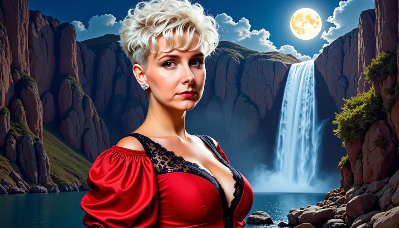 MO-LoRa-Pixie, Beauty Woman, waist up, super short white blonde layered pixie coiffure with ebony short shaved over ears, super Beauty Make up, Big breasts, a dark red dress with puff sleeves and 80's style lace at the neckline, Artgerm Comic Painting Character, detailed face, clear eyes, a stunning landscape in Utah with a waterfall in moonlight as background,  nightmood, infused with the artistic flair of Karol Bak and Greg Rutkowski,, MO-LoRa-Multi