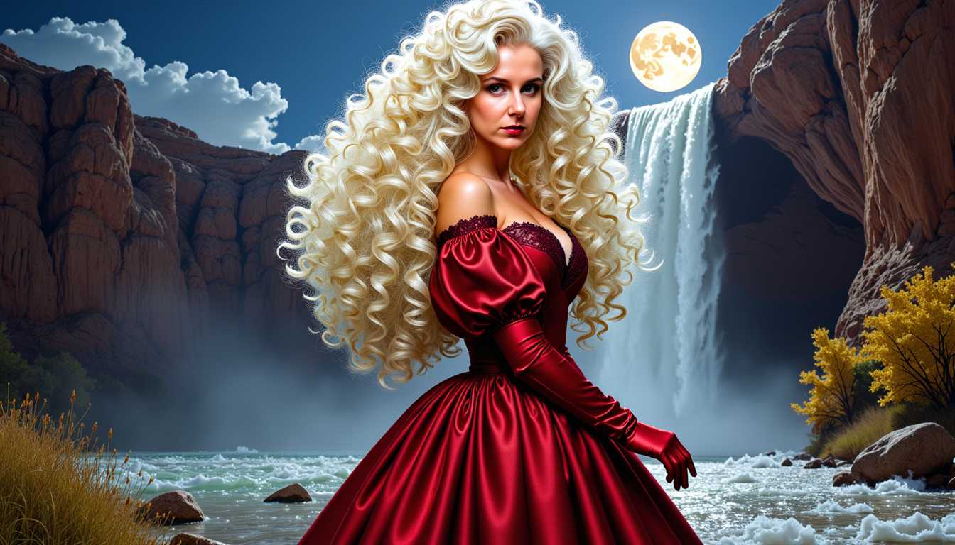 MO-LoRa-Pixie, Beauty Woman, waist up, breathtaking long white blonde curly coiffure , beauty makeup, big breasts, a dark red dress with puff sleeves and 80's style lace at the neckline, Artgerm Comic Painting Character, detailed face, clear eyes, a stunning landscape in Utah with a waterfall in moonlight as background,  nightmood, infused with the artistic flair of Karol Bak and Greg Rutkowski,, MO-LoRa-Multi