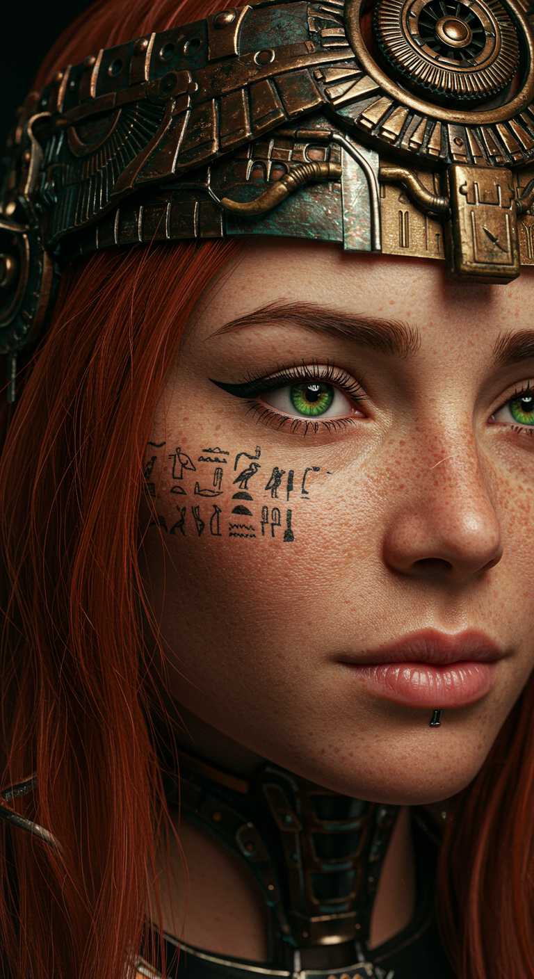 "Close-up portrait of a young woman with striking green eyes, red hair, and a freckled complexion. She wears an intricately designed metallic headpiece made of aged copper or bronze, adorned with detailed Egyptian hieroglyphs and a circular mechanical element, blending ancient Egyptian aesthetics with futuristic or steampunk influences. Hieroglyphic tattoos are etched on her cheek, reinforcing the connection to ancient Egypt. The background is dark, creating a high contrast that highlights her features and accessories. The art style is a fusion of hyper-realism and fantasy, with elements of cyberpunk, ancient Egyptian symbolism, and steampunk design. The high level of detail, realistic skin texture, and metallic reflections evoke a cinematic or concept art style, inspired by Zdzisław Beksiński and Moebius, with a polished, photorealistic