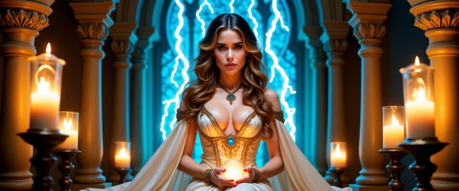 AL-LoRa-Zip, A highly detailed fantasy portrait features a woman seated in an ornate, gothic-style interior with elaborate stone columns adorned with intricate carvings. The central figure is a woman with long, wavy dark brown hair blending into lighter blonde highlights, styled to flow dramatically around her face and shoulders, creating a sense of movement. Her expression is serious and focused as she looks directly at the viewer. She wears a white satin-like dress with deep V-necklines and gold embroidered patterns that add a touch of elegance. The dress features thin black straps on either side of the chest, and a high slit reveals part of her leg. A prominent blue gemstone adorns the center of the bodice, surrounded by intricate gold designs, including symmetrical patterns extending vertically down the front. Matching blue gemstones embellish the neckline, shoulder straps, and a matching choker necklace. An arm bracelet with similar designs encircles her right upper arm. In her hands, she holds a small, brass-colored orb emitting a mystical, glowing light that illuminates her face and chest. Surrounding her are several candles placed on dark metallic stands, casting warm golden light throughout the room. Behind her, an arched window with intricate Gothic lacework displays complex patterns, through which vibrant electric lightning bolts in shades of electric blue form dynamic arcs and jagged lines. These lightning effects create a halo-like aura around her head, emphasizing her power and significance. The overall mood is mysterious and magical, enhanced by the high contrast between the bright elements and the darker surroundings, combined with rich colors like midnight blue, gold, amber yellow, and forest green. The composition centers on the woman, with the background architecture adding depth and context to this powerful and enigmatic scene.

