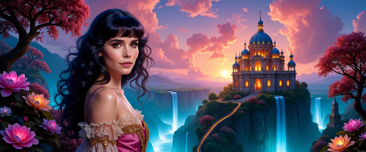 Eleonore, soul of the Hereafter, wears a vintage dress, long curly hair in the style of the 80s, cascading, clear eyes gaze directly out, posed in a landscape aglow with twilight's magic, waterfalls intertwine with pathways, grandiose buildings shimmer, 16K, Fantasy portrait in the style of Artgerm and Rubens painting, 