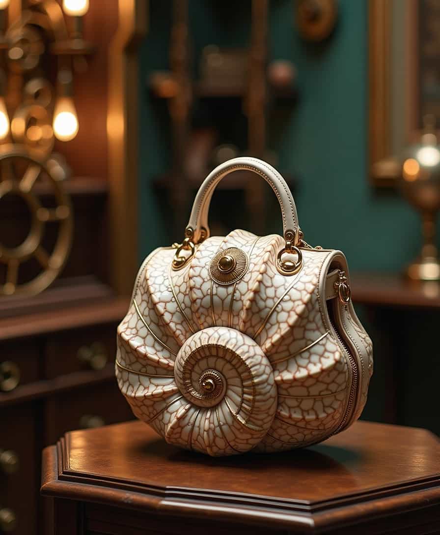 A ((Tridacna shell-shaped)) handbag displayed in a luxurious boutique set in a steampunk world. The boutique features intricate brass gears, vintage machinery, and a mix of Victorian and futuristic decor. The handbag, designed to resemble the intricate patterns and textures of a Tridacna shell, stands out as a unique blend of natural elegance and mechanical innovation. The scene is illuminated by soft, ambient lighting, creating a sophisticated and otherworldly atmosphere.

