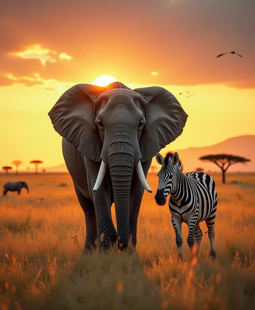 In the heart of the African savanna, a majestic elephant and a striking zebra stand together, their contrasting forms creating a breathtaking scene of nature’s harmony. The elephant, towering and powerful, has rough, wrinkled gray skin that catches the warm golden light of the setting sun, highlighting every detail of its massive frame. Beside it, the zebra stands gracefully, its bold black-and-white stripes creating a mesmerizing contrast against the sunlit grasslands. Their eyes reflect mutual respect, as if acknowledging the beauty of their shared homeland.

The landscape stretches infinitely—golden grass sways gently in the breeze, while scattered acacia trees cast long, dramatic shadows across the plains. In the distance, a hazy mountain range fades into the soft glow of the evening sky. The sky is a masterpiece of colors, blending deep oranges, pinks, and purples as the sun dips below the horizon, its last rays illuminating dust particles in the air, creating a dreamy, cinematic effect. The atmosphere is peaceful yet alive, with distant herds roaming in the background and the faint sound of birds soaring overhead.

Cinematic ultra-wide shot, 8K resolution, hyper-detailed, photorealistic textures, dynamic lighting, ultra-sharp details on fur and skin, breathtaking depth of field, warm and atmospheric sunset tones, ultra-high realism, National Geographic-style composition.

