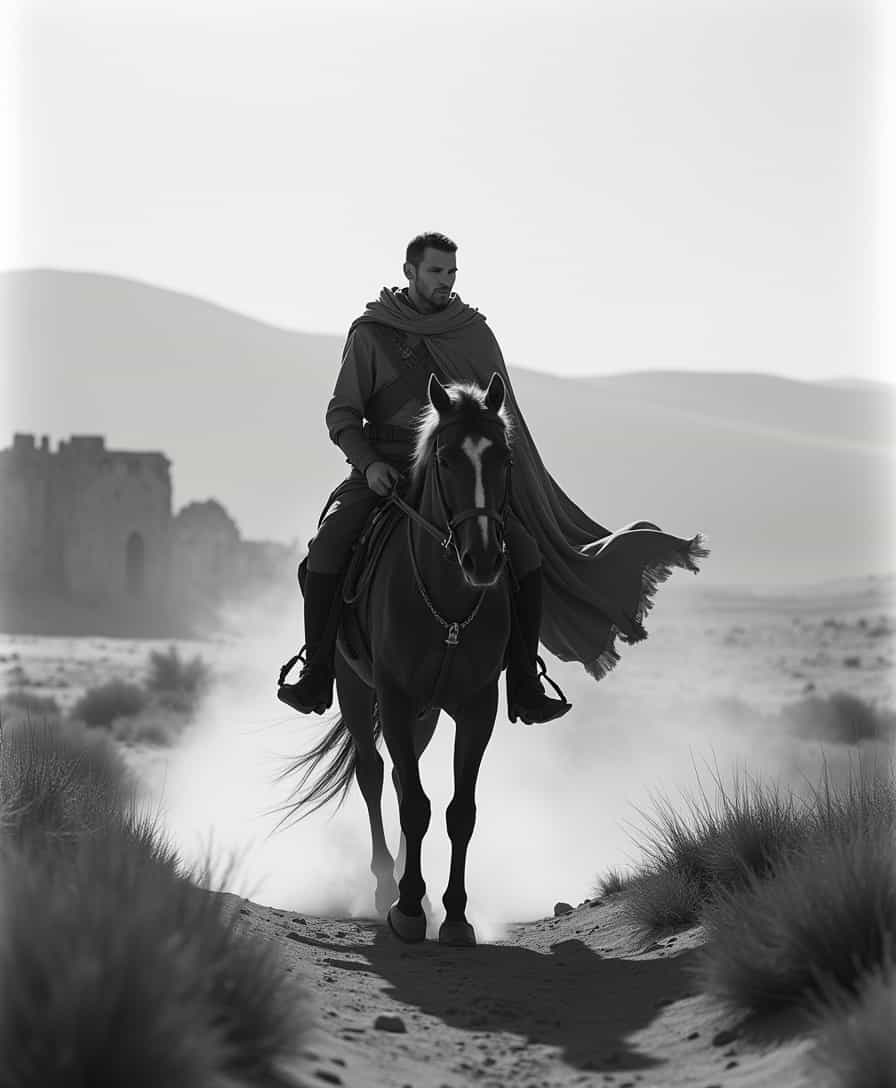 "A highly stylized and dramatic cinematic photograph with a shallow depth of field, shot on a high-contrast black and white film. The image features a lone warrior riding a horse through an ancient desert landscape, evoking a sense of mystery and tension. The subject pops against a blurred, gradient background of distant dunes and a crumbling fortress. Intentional lens flares streak across the frame, adding movement and drama, while subtle film grain enhances the raw, timeless atmosphere. The warrior's cloak billows in the wind, and his determined gaze hints at an unresolved past. The composition is masterfully balanced with light and shadow, creating a visually compelling moment of suspense and history."
