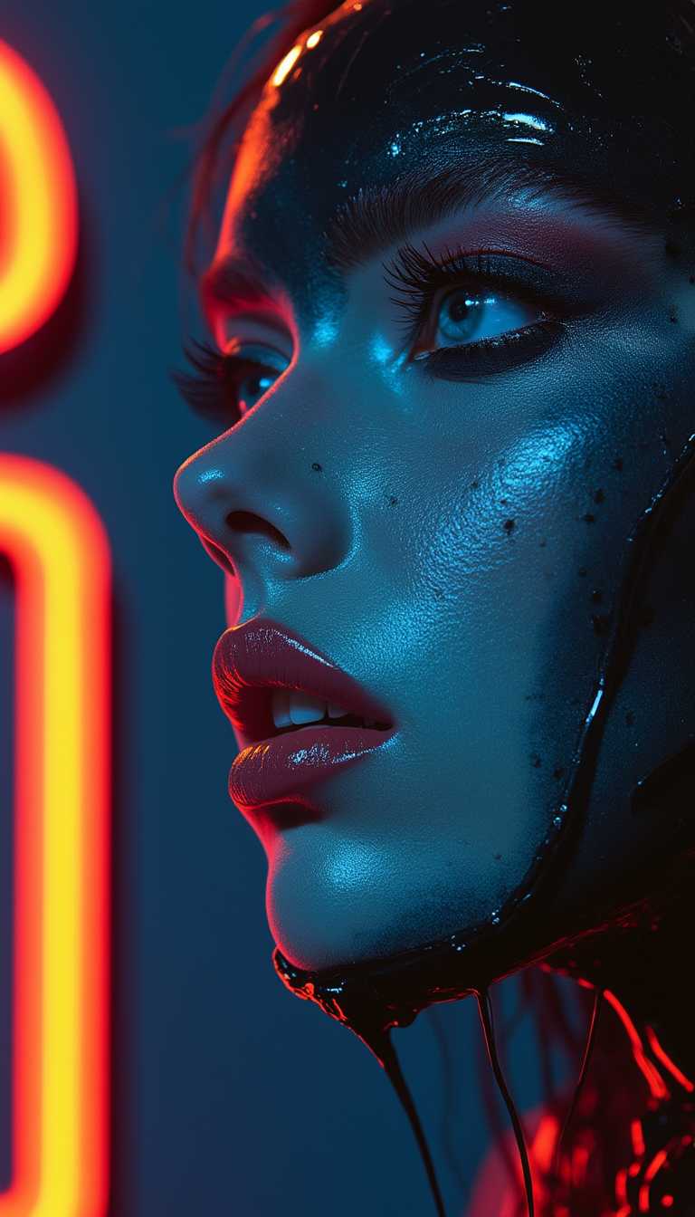 A close-up of the face of a woman with blue skin and red eyes wearing black latex in the style of Peter Lindbergh, against a navy blue background with orange neon letters. Bold colors, bold shapes, and bold textures, in the style of Hajime Sorayama.