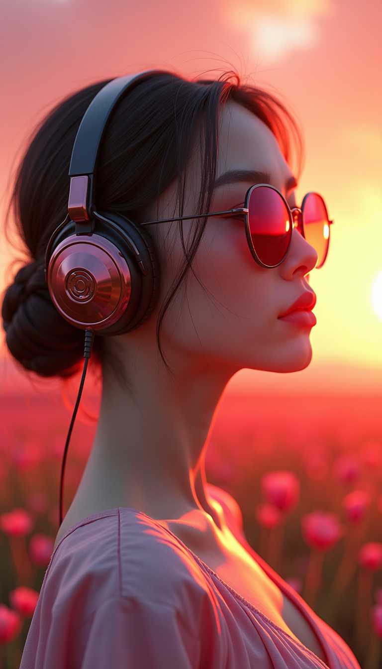 In a fantastical realm, a slender, almond-shaped head crowns a captivating cute skinny Asian woman with delicate features. White skins Cute lady exudes white makeup with grace and elegance while donning chic headphones sunglasses, holding her head high at the sunlight. in a breathtaking, ultra-high-resolution  depicting the serene atmosphere of dusk, where the warm, vibrant orange pink red hues of the setting sun cast a gentle pink glow across the scene, with soft, delicate shadows danced across the landscape, evoking a sense of peaceful tranquility, as the light gradually dims, bathing the entire environment in a soothing, warm orange radiance, with every detail meticulously rendered in exquisite precision, offering an immersive and captivating visual experience. Photorealistic, 8K UHD resolution 