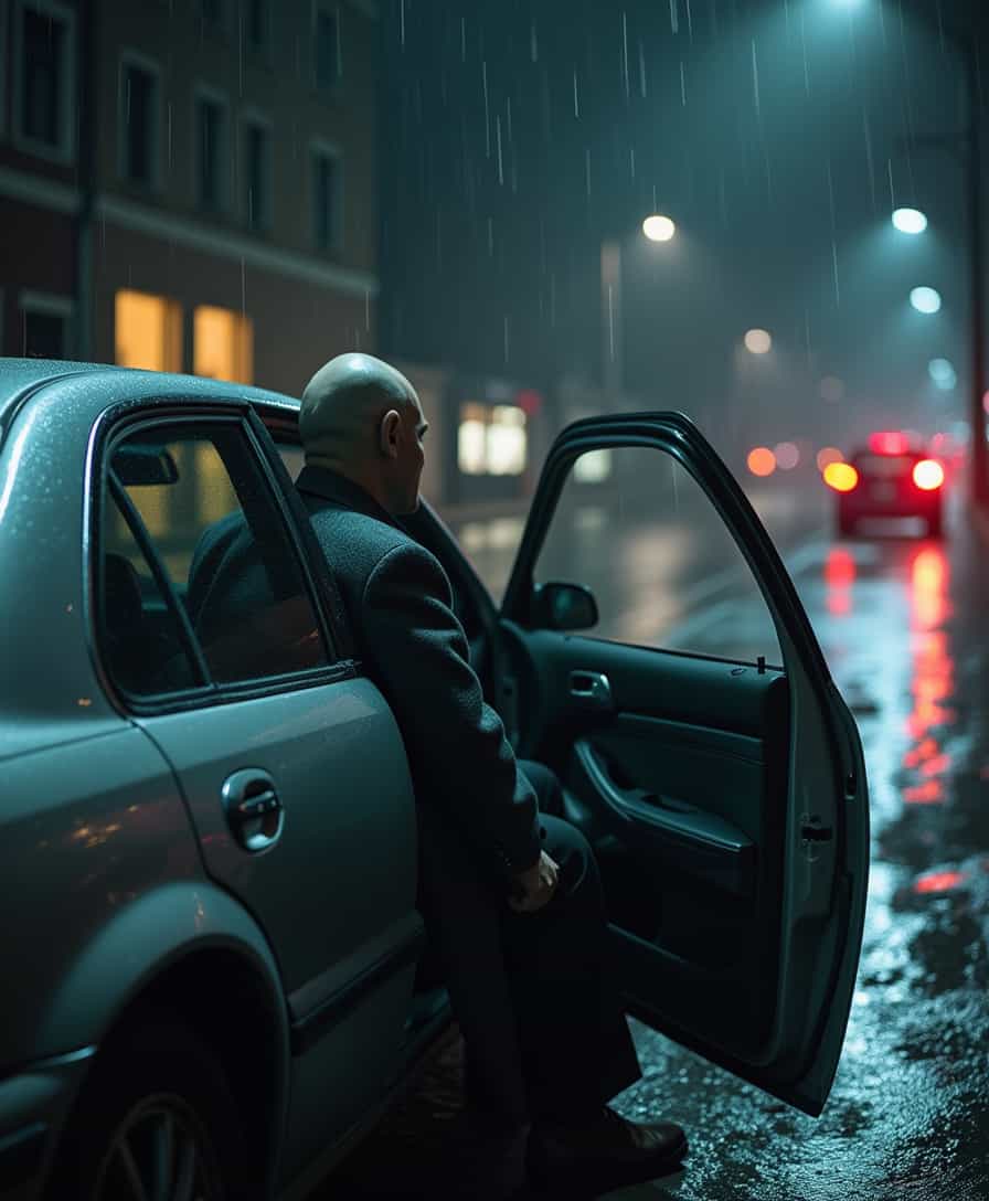 A cinematic shot of a bald, light-skinned man in his 50s, wearing a charcoal gray overcoat, sitting in the backseat of a silver car with the door open. The camera focuses on the man from the outside, with only his silhouette visible through the open door, as the interior of the car remains shrouded in darkness. The scene takes place on a deserted, rain-soaked street at night, with wet pavement reflecting the dim glow of distant streetlights. The atmosphere is eerie, with heavy raindrops distorting the ambient light, creating a hazy, moody effect. The background is blurred, emphasizing the isolation and tension of the scene, with the dark, empty street adding to the suspense. The lighting is dramatic, with deep shadows and a cold, mysterious palette of whites and faint reds, casting eerie reflections on the wet ground. The camera is positioned at a slightly low angle, highlighting the man in the backseat and the desolate, rainy environment. Ultra-detailed, realistic lighting, depth of field, high contrast, noir-inspired atmosphere.