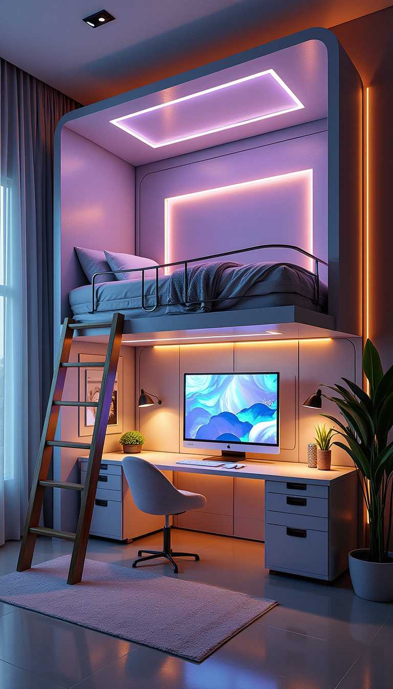 Create a highly detailed and visually stunning mini room with a loft bed, incorporating a unique and artistic theme. The room should be compact yet stylish, featuring an elevated loft bed with a sleek, modern ladder or floating stairs. Beneath the loft bed, design a cozy, multifunctional space that could include a built-in desk, a comfortable reading nook, or a small lounging area. The aesthetic should reflect a high-end, luxurious feel with creative materials such as crystal, epoxy resin, or natural elements.

A sci-fi-inspired design where the loft bed is suspended with sleek metallic supports and glowing neon accents. The walls feature holographic panels, and the workspace below has an interactive, touch-sensitive desk with a digital display. The furniture combines glass and high-tech materials, creating a futuristic ambiance.