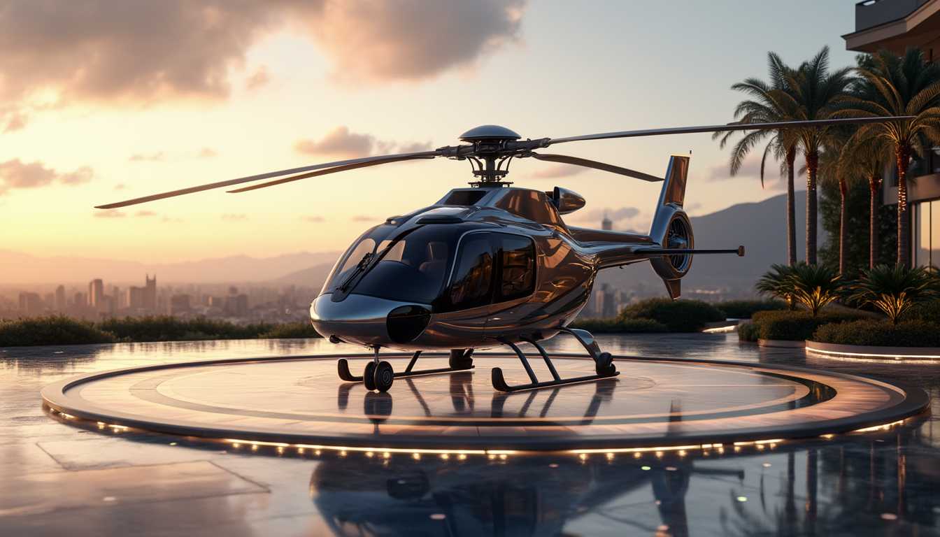A luxurious helicopter parked on a private landing pad, its sleek design reflecting the sunlight, a panoramic view of a city skyline or mountains in the background, the landing pad surrounded by elegant lighting and greenery, the atmosphere exclusive and high-end, rich textures in the helicopter's surface and the surroundings, highly detailed, 8k resolution, ultra-realistic, emphasizing power and luxury.