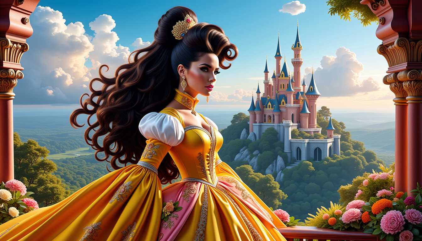 Princess Clarissa of Butterland, a blend of Artgerm and Rubens painting style, a beauty young modern Woman, long    extravagante curly ponytail, large clear and detailed eyes, a breathtaking modern vintage dress with rokkoko elements, a futuristic cyperpunk castle as background, twileight mood, stunning landscape,  8K, wow effect
