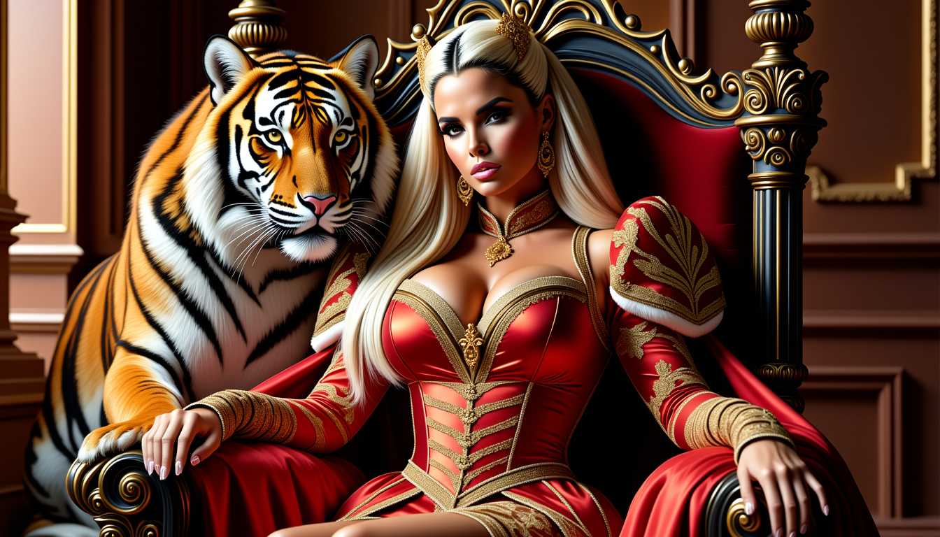 Katie Price as a gorgeous medieval queen, clear and detailed eyes, in a tight dress made of silk, with a mighty tiger on her side, sitting on a throne in the throne room, epic scene, a painting blend of Artgerm and Rubens, Masterpiece, 32k resolution, photorealistic, better face
