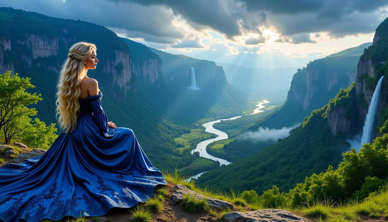 FantasyWomanLoRa, Aes Sedai Moiraine Damodred, portrait of a beauty woman looks like a blend of Bridget Reagan and Brooke Burns, is sitting on a rock looking over a lush green valley with high cliffs and waterfalls, indigo blue dress, a river and big stormy clouds, breathtaking view, twilight mood, bright colors, exquisite details, Masterpiece painted by Artgerm, Cinematic lighting, raking light, Canon 90D, 50 mm lens, atmospheric. Photorealistic, photorealism, perfect realistic art, smooth, aftereffects, sharp focus, hi - res, ultra intricate detail, ultra realistic detail, 4K, HDR
