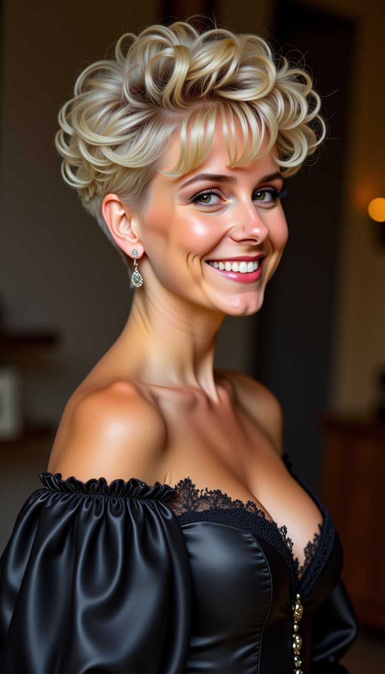 VS-LoRA-Zip2, Pixie-LoRA12I Lena Price in wedding mood, a smiling upper Portrait blend of Lena Meyer-Landrut and Katie Price, beauty woman, elegant blonde hair woman featuring a super short pixie curly haircut with razor short shaved sides over ears, short line bang, hints of curls, striking grey eyes, , a VisionBlue masterpiece painting of Hudson River School Oil Painting style akin to Frederic Edwin Church, draped in a super sexy black leather wedding costume that takes one's breath away, corset snuggly cinching the waist to diminutive proportions, makeup eccentric, eyelashes elongated, 8K