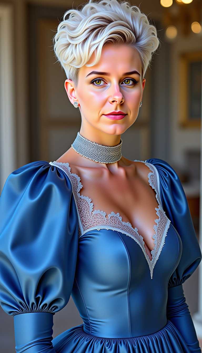 Pixie-LoRA12 as a Beauty white blonde woman portrait, wears a blue dress with puff sleeves and 80's style lace at the neckline, super short pixie hairstyle with razor short cut on ears and on nape
