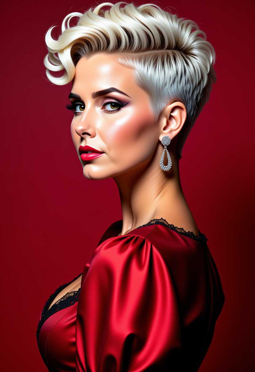 Katie-LoRA-Zip, Pixie-LoRA12I, as a Beauty white blonde woman portrait, wears a dark red dress with puff sleeves and 80's style lace at the neckline, a super short pixie hairstyle, razor short over ears and on the nape, curls on the top of the head, 
Step-free transition from the short to the longer hair sections