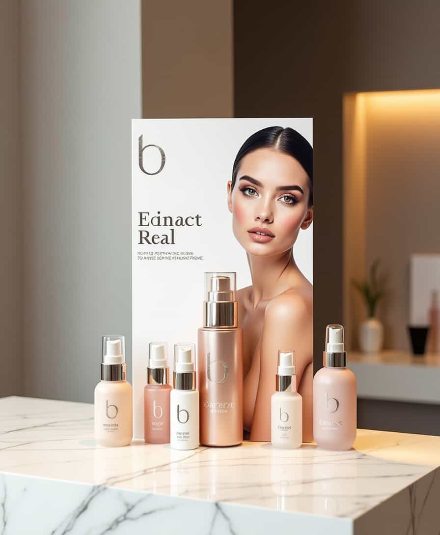 Create a visually appealing display brochure placard for showcasing a range of beauty products, positioned at the forefront of a sleek, modern retail display. The placard features a clean, minimalist design with bold, sans-serif font headings and accentuates the brand's logo, a stylized, lowercase 'b' in a circular motif, in a metallic silver color. The background is a soft, creamy white, evoking feelings of luxury and sophistication. The beauty products, arranged artfully, include an assortment of skincare serums, moisturizers, and fragrances, with elegant, slender bottles and sleek packaging in shades of rose gold, frosted glass, and crisp white. A dominant image of a beautiful woman with flawless, porcelain-like skin, dark hair, and subtle, natural makeup looks directly at the viewer, exuding confidence and glamour. The overall aesthetic is chic, modern, and upscale, perfect for attracting high-end customers.