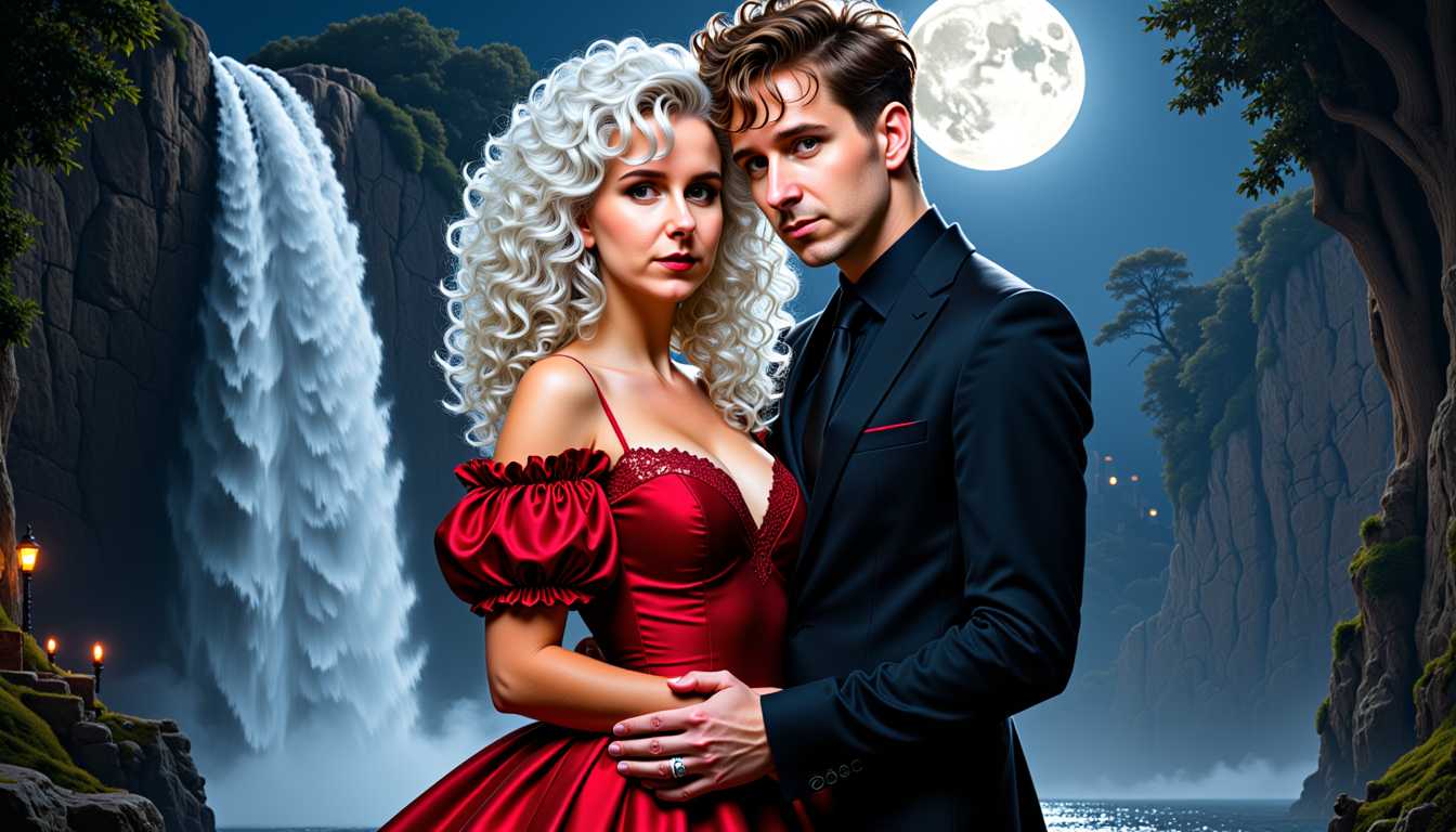MO-LoRa-Pixie, VS-LoRA-Zip2,  depicted as a female Beauty with lomg white curly  hairstyle in the style of the 80s, wears a dark red dress with puff sleeves and 80's style lace at the neckline, in an embrace with a beautiful man with brown hair dressed in a black suit, wrapped in moonlight mood next to a waterfall, night mood, gothic dark, cartoon comic style by Luiza Lima, ink pen precision, vivid red mouth, double exposure effect creates a delicate overlay, beautiful rendering in high resolution 4K, detailed image.