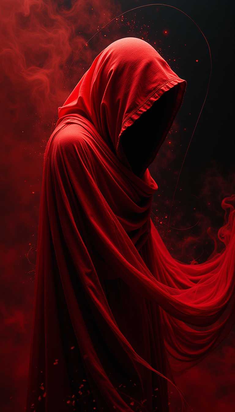 Bask in the realm of abstract expressionism as a mysterious figure cloaked in a vibrant red shawl steps into view against an ebony void. Her head hangs low, enveloped in a cloud of bewitching curiosity. In stark contrast with her crimson surroundings, crisp white lines dance alongside her form, accentuating each delicate curve as if painted by an ethereal brushstroke. A sense of profound contemplation radiates from within as she stands on the edge of a transformative moment, encapsulated in a timeless swirl of emotions unraveling before our eyes. Let illuminate this striking canvas through the melding of bold colors and expressive movement, forever immortalizing this introspective scene of raw passion and introspection.