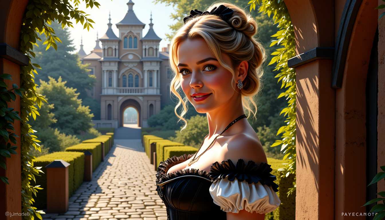FantasyWomanLoRa, Digital painting of Manuela Easterland depicted as Belle in half side view, gaze fixed upon the viewer, blending Artgerm's clarity with Rubens' stylistic bestows upon her beauty and detailed eyes, corsage dress with black leather accents and cinched corset standing before an immersive backdrop of a stunning castle gate allowing a glimpse of the twilit realm beyond, her smile exuding warmth tinged with the fading light, ecc
