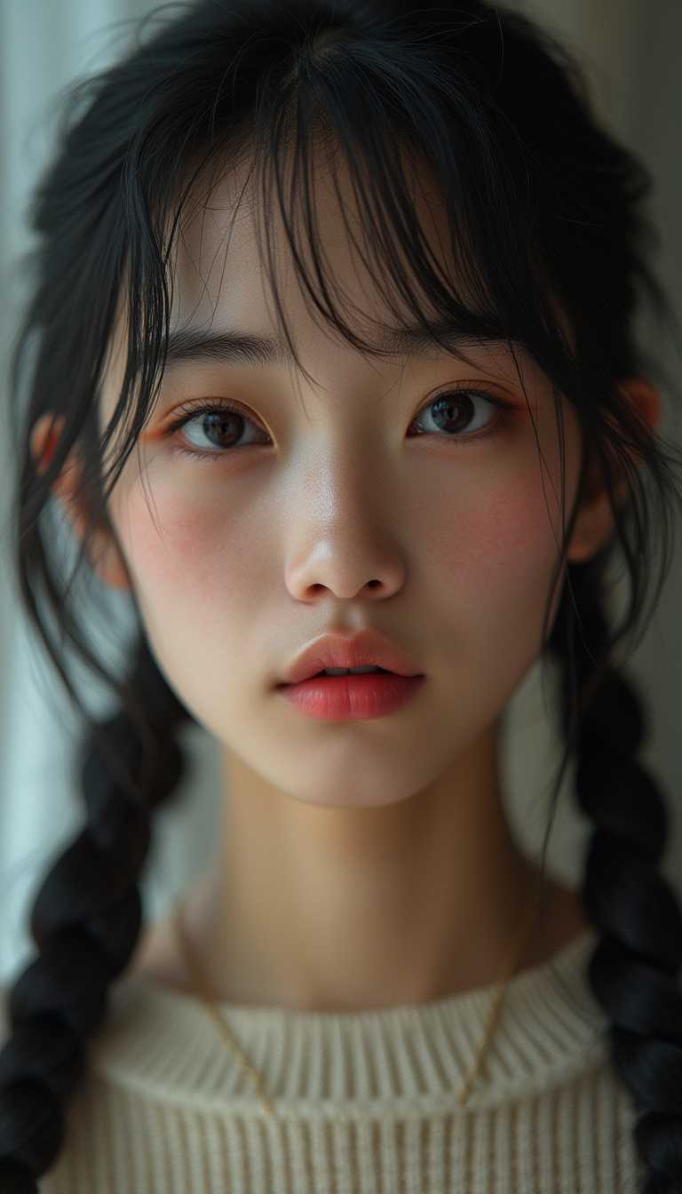 RAW photo of mackjo, face portrait, black hair, pigtails, (high detailed skin:1.2), 8k uhd, dslr, soft lighting, high quality, film grain, Fujifilm XT3 