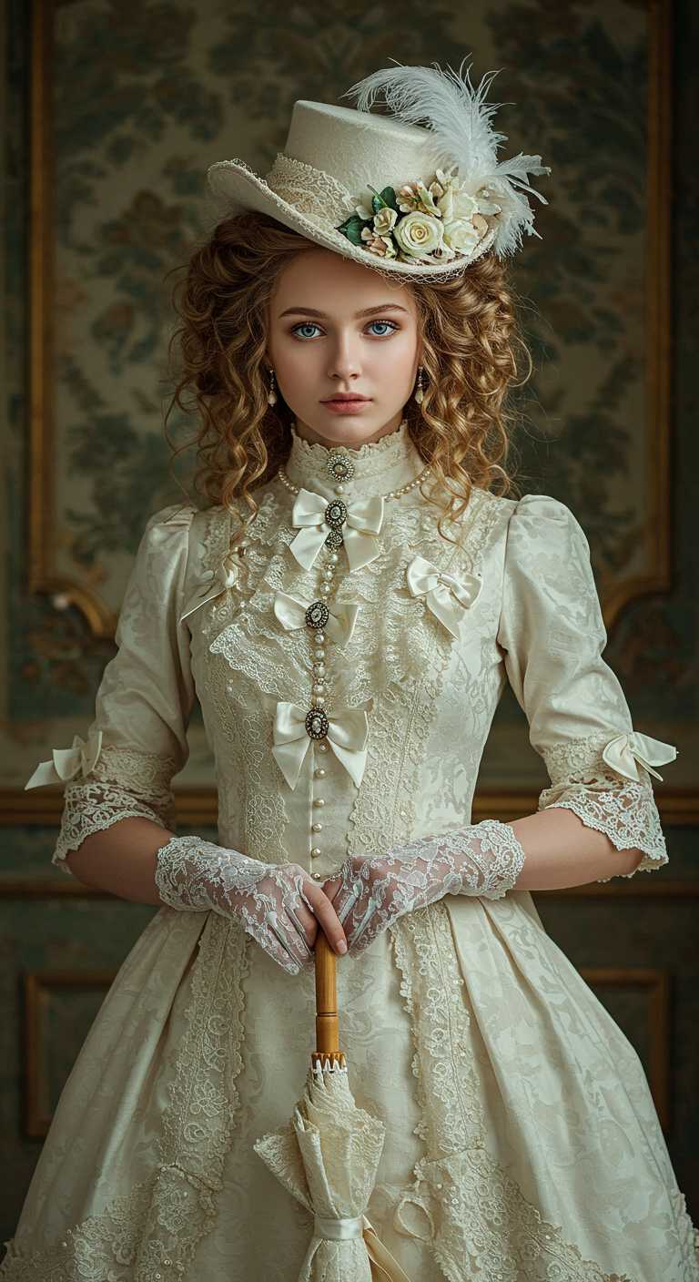 A breathtaking Victorian-era portrait of a young noblewoman, dressed in an exquisitely detailed ivory gown with intricate lace trimmings, delicate pearl embellishments, and finely ruched fabric. Her high-collared bodice is adorned with lace bows and antique silver buttons, exuding aristocratic elegance. The full, layered skirt cascades gracefully, creating a regal silhouette. She wears a sophisticated white top hat, decorated with intricate floral arrangements, feathers, and delicate netting, perfectly complementing her timeless beauty. Her piercing blue eyes gaze forward with a soft, enigmatic expression, framed by tousled, golden-brown curls that escape in wisps around her face. Her porcelain skin is illuminated by soft, natural light, giving her an ethereal glow. Her hands, clad in delicate lace gloves, rest gently on the curved wooden handle of an ornate parasol. The background features a richly decorated Rococo-inspired wall, filled with intricate gold filigree, damask patterns, and faded frescoes, adding a sense of grandeur and nostalgia to the scene. The atmosphere is steeped in soft, muted tones, evoking a dreamy, romantic ambiance. A hyper-detailed, cinematic-quality depiction, reminiscent of classical oil paintings, blending elements of historical fashion photography with a touch of fantasy. Masterpiece composition, ultra-sharp details, soft volumetric lighting, and a painterly aesthetic that captures the opulence of a bygone era. 
