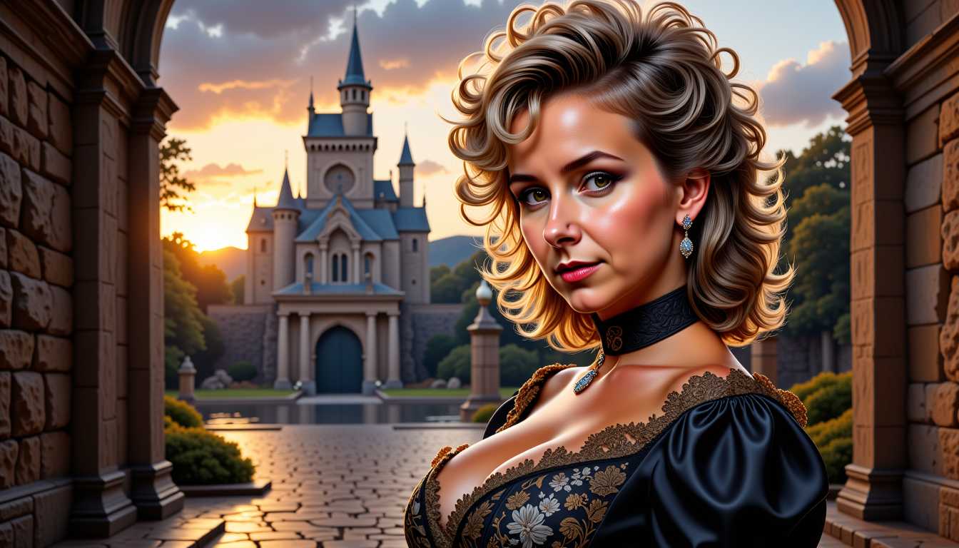 A **digital painting** of **Manuela Easterland** portrayed as **Belle**, in a **half side view** with her **gaze fixed upon the viewer**. Her beauty is captured through **Artgerm's clarity** and **Rubens' stylistic richness**:

- **Visual Details**: 
  - **Eyes**: Detailed, with a depth and warmth that conveys emotion.
  - **Dress**: A **corsage dress** with **black leather accents** and a **cinched corset**, enhancing her silhouette.
  - **Lighting**: The scene is bathed in **fading light**, creating a soft glow around her features.

- **Style**: 
  - Blend of **Artgerm's** modern, crisp detailing with **Rubens'** baroque opulence, focusing on texture and depth.

- **Composition**: 
  - **Subject Positioning**: Manuela stands **before an immersive backdrop** of a **stunning castle gate**, her stance slightly turned to the side, allowing a partial view of the twilit realm beyond.
  - **Framing**: The framing captures her from the waist up, emphasizing her facial expression and the intricate details of her attire.

- **Mood and Atmosphere**: 
  - **Ambiance**: The atmosphere is **enchanting** and **mystical**, with the **twilight** setting suggesting the transition from day to night, enhancing the magical feel of the scene.
  - **Time of Day**: Late afternoon, with the **sun setting** behind the castle, casting long shadows and golden hues.

- **Technical Aspects**: 
  - **Lighting Technique**: Employ **chiaroscuro** to highlight Manuela's features against the darker backdrop.
  - **Color Palette**: Rich, warm colors mixed with cool shadows to create contrast and depth.
  - **Depth of Field**: A **shallow depth of field** to focus on Manuela while allowing the castle to blur slightly into the background.

- **Cohesion**: 
  - Every element from her attire to the setting works harmoniously to depict a **fantasy realm**, where the **smile exuding warmth** and the **twilit realm** beyond the castle gate blend seamlessly into a unified, magical scene.