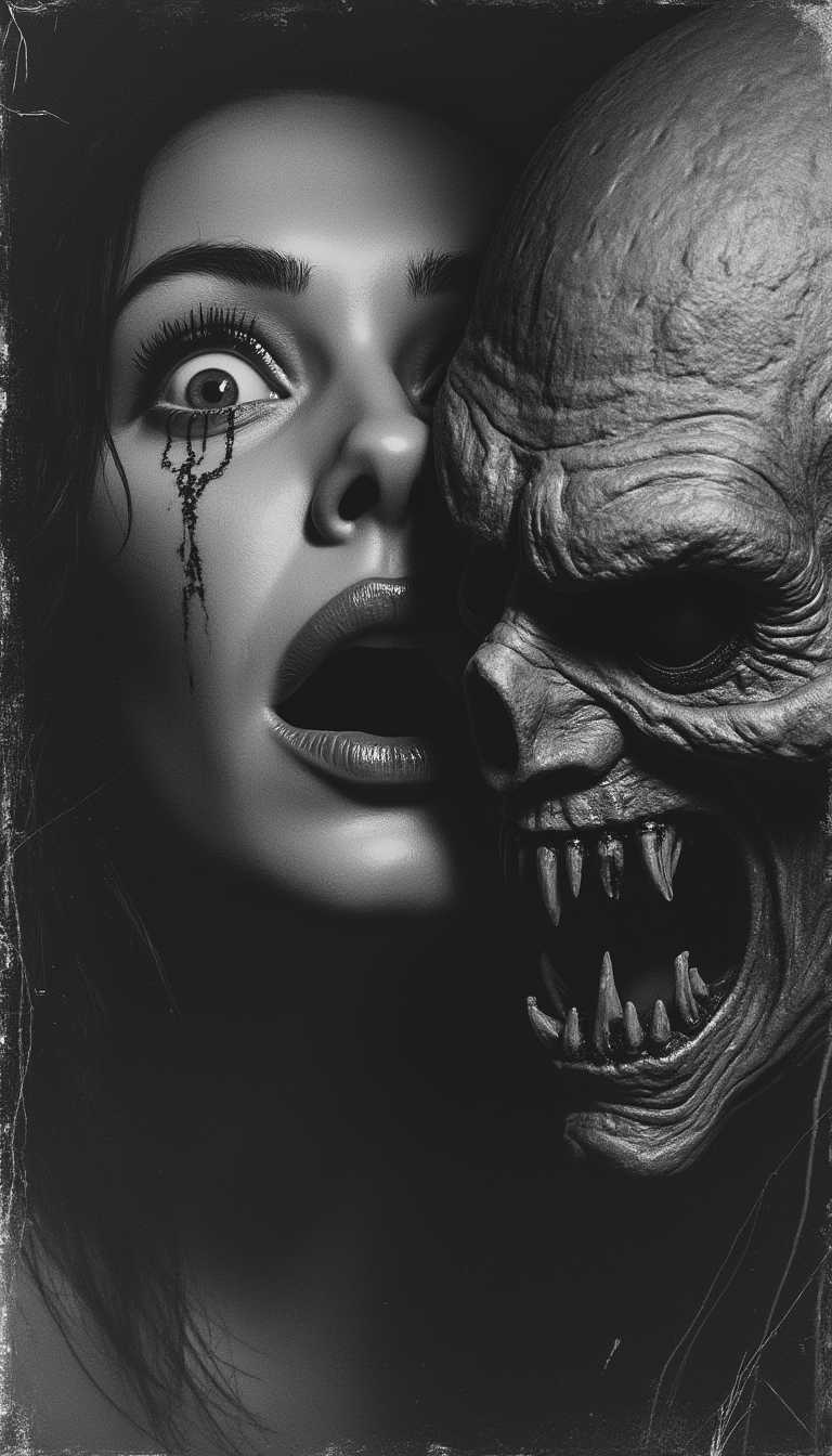 This image appears to be a black and white photograph with a gritty, textured style. The photograph features a woman's face on the left side, with her eyes wide open and a look of fear or shock. There is a noticeable streak of blood running down from her left eye, adding to the dramatic and intense atmosphere.

On the right side of the image, there is a grotesque, monstrous face with a distorted and menacing expression. The creature has sharp teeth, a wrinkled and decayed appearance, and an overall eerie and unsettling presence. The contrast between the woman's face and the monstrous creature creates a sense of tension and horror.

The overall tone of the image is dark and ominous, with high contrast between light and shadow, enhancing the dramatic and suspenseful mood. The texture and graininess of the image contribute to its gritty and raw aesthetic.