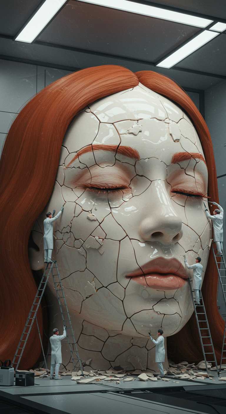 "An enormous, cracked porcelain sculpture of a serene woman's face dominates a sterile, futuristic laboratory. Her closed eyes and realistic auburn hair contrast with the delicate, fractured ceramic texture. A team of scientists in pristine white lab coats meticulously examines and restores the cracks, using ladders and fine tools. The scene is illuminated by cold, clinical lighting, creating an eerie yet mesmerizing atmosphere, blending surrealism, science, and artistry."

